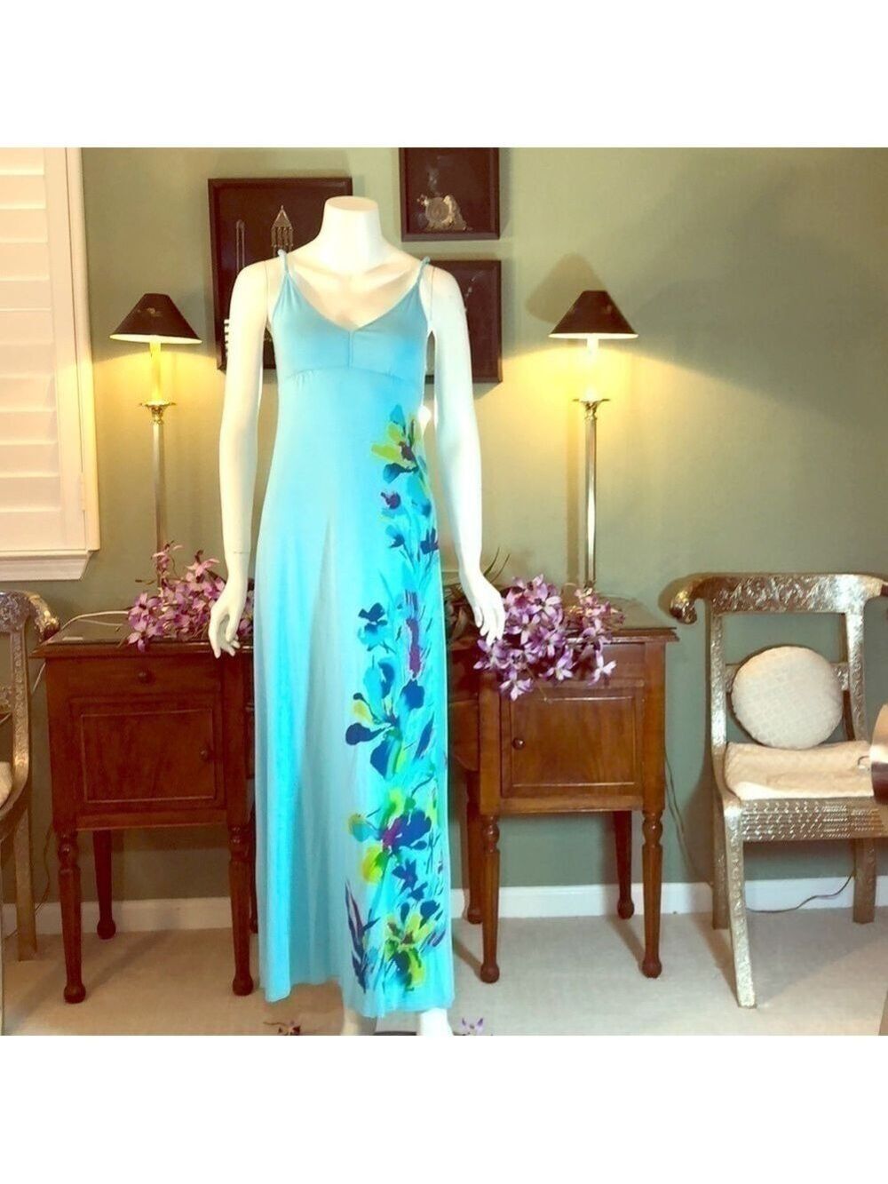 EUC-LIGHT teal blue maxi lovely floral print front